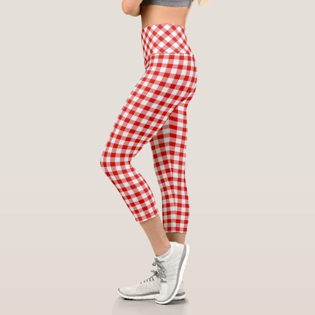 Red and White Buffalo Plaid Capri Leggings (Left)