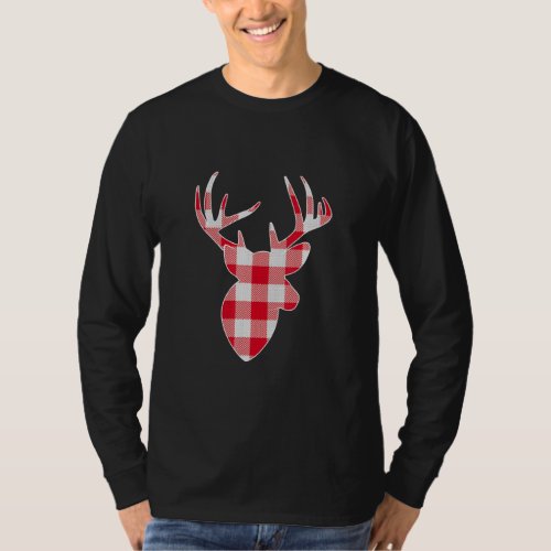 Red And White Buffalo Plaid Lumberjack Deer Head C T_Shirt