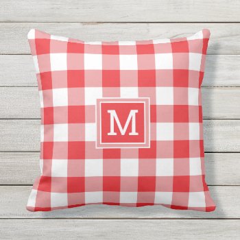 Red And White Buffalo Plaid Monogram Farmhouse Outdoor Pillow by InitialsMonogram at Zazzle
