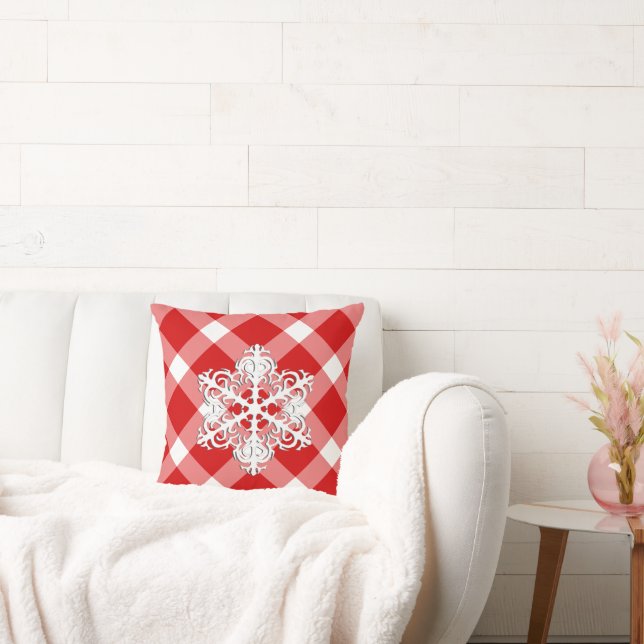 Red and White Buffalo Plaid with Snowflake Throw Pillow (Couch)