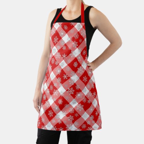 Red and White Buffalo Plaid with Snowflakes Apron