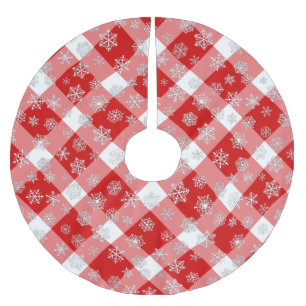 Red and White Buffalo Plaid with Snowflakes Brushed Polyester Tree Skirt
