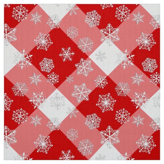 Red and White Buffalo Plaid with Snowflakes Fabric (Swatch)