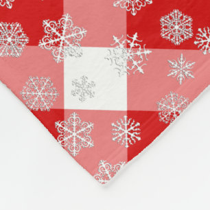 Red and White Buffalo Plaid with Snowflakes Fleece Blanket