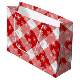 Red and White Buffalo Plaid with Snowflakes Large Gift Bag