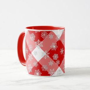 Red and White Buffalo Plaid with Snowflakes Mug