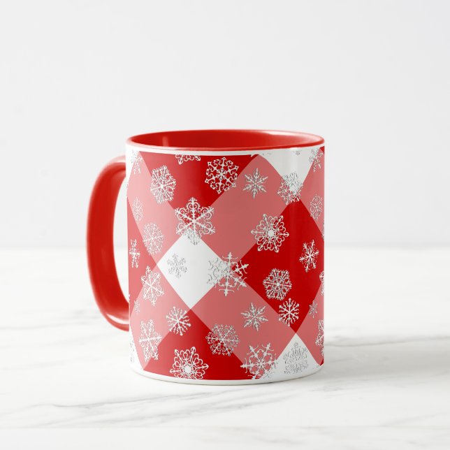 Red and White Buffalo Plaid with Snowflakes Mug (Front Left)