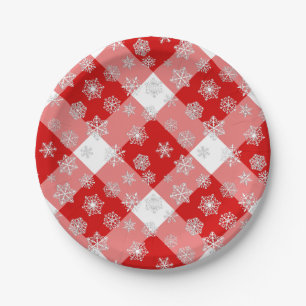 Red and White Buffalo Plaid with Snowflakes Paper Plates