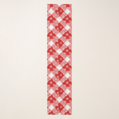 Red and White Buffalo Plaid with Snowflakes  Scarf