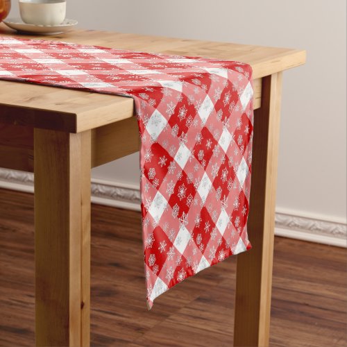 Red and White Buffalo Plaid with Snowflakes Short Table Runner
