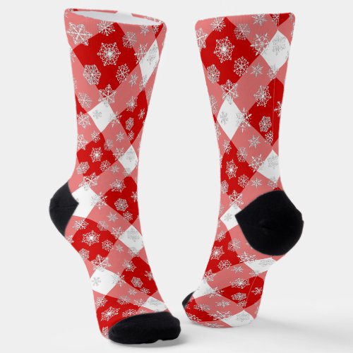 Red and White Buffalo Plaid with Snowflakes Socks