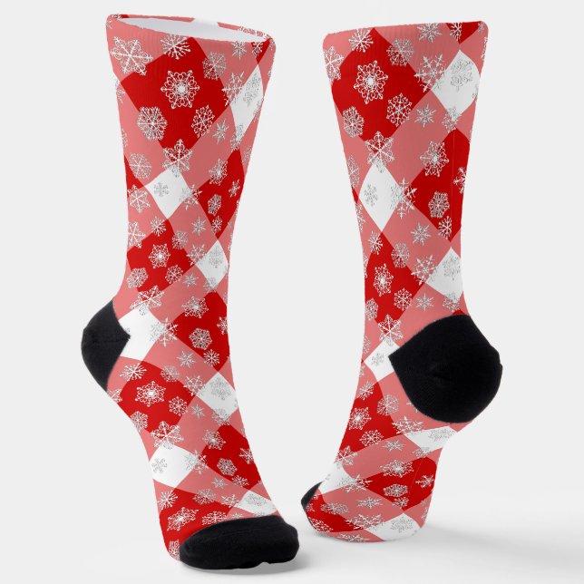 Red and White Buffalo Plaid with Snowflakes Socks (Angled)