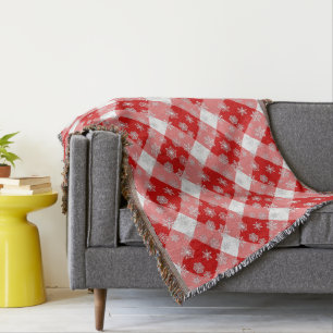 Red and White Buffalo Plaid with Snowflakes Throw Blanket