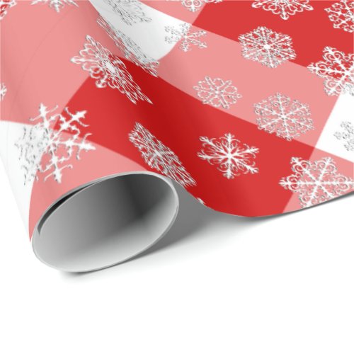 Red and White Buffalo Plaid with Snowflakes Wrapping Paper