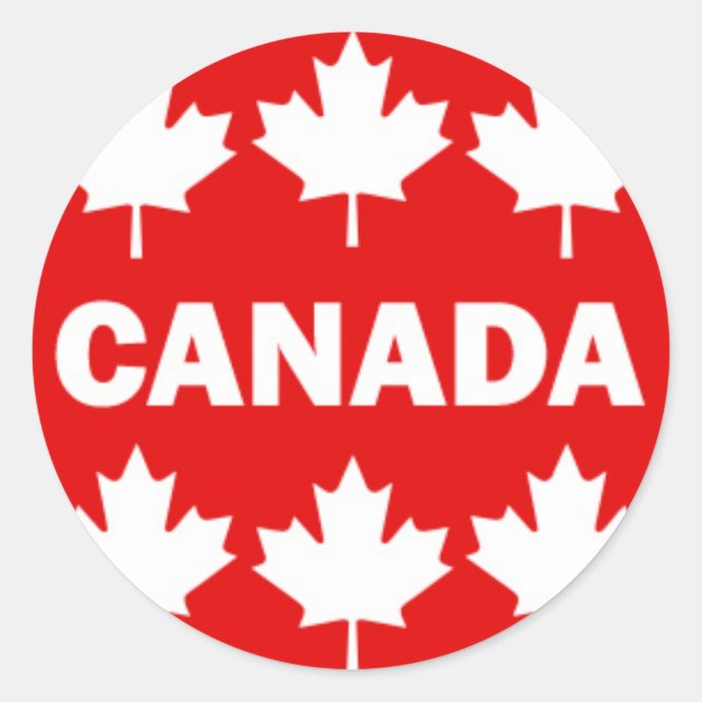 Red and White Canada Text with Maple Leafs Classic Round Sticker (Front)
