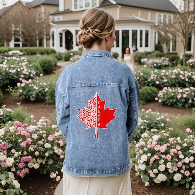Red and White Canadian Maple Leaf CANADA Denim Jacket (Wedding Back)