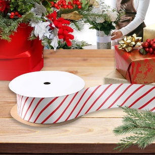 Red and White Candy Cane Diagonal Stripe Patterned Satin Ribbon