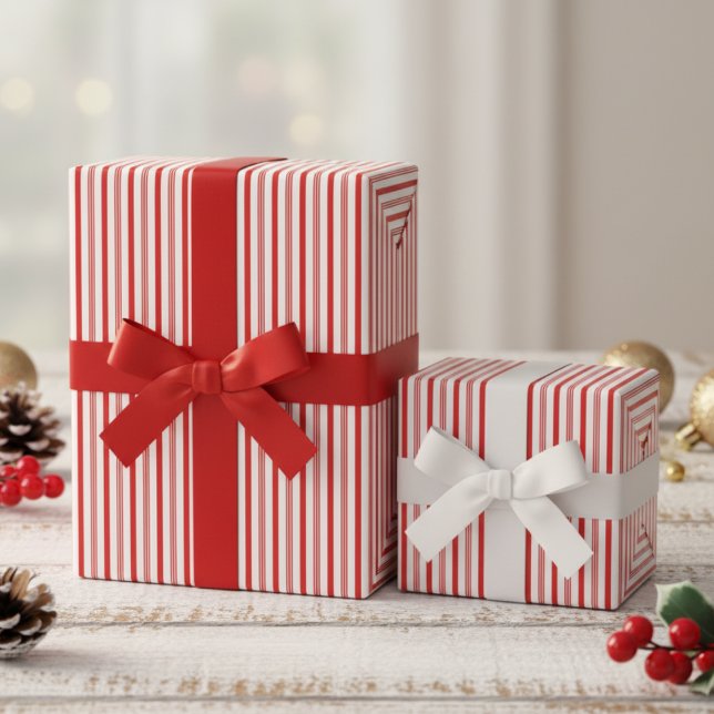 Red and White Candy Cane Pinstripe Pattern Wrapping Paper (Cute Red and White Candy Cane Pinstripe Pattern for Christmas. Modern Thin Red Stripes for Chic Xmas)