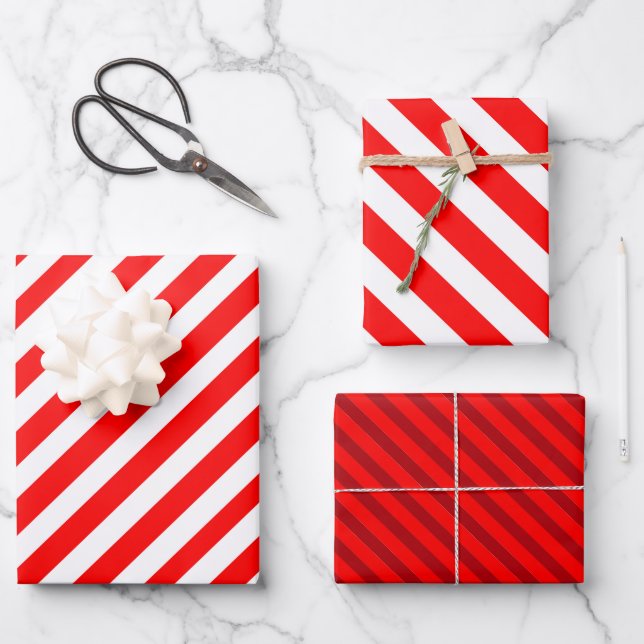Red and White Candy Cane Stripes Wrapping Paper Sheets (Front)