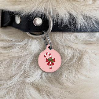 Red And White Candy Cane With A Bow And Holly Pet ID Tag