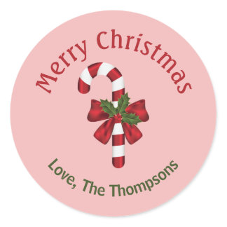 Red And White Candy Cane With Merry Christmas Text Classic Round Sticker