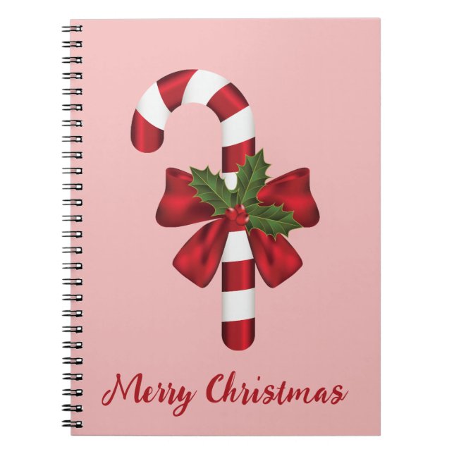 Red And White Candy Cane With Merry Christmas Text Notebook (Front)