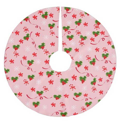 Red and White Candy Canes Red and Green Berries Brushed Polyester Tree Skirt