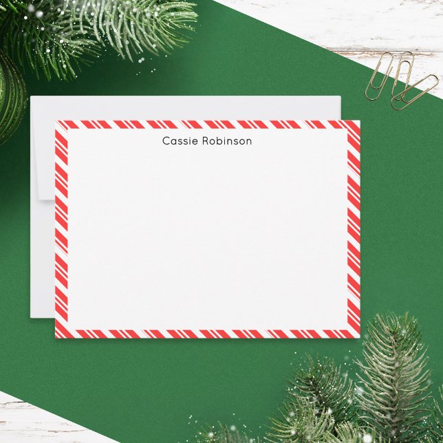 Red and White Candy Striped Christmas Note Card (A personalized festive note card with red and white border in a diagonal candy stripe pattern)