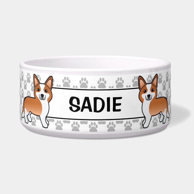 Red And White Cardigan Welsh Corgi Dog & Name Bowl (Front)