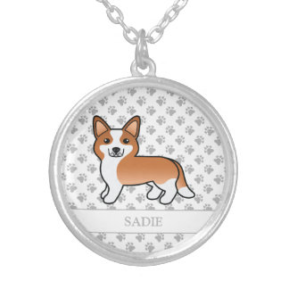 Red And White Cardigan Welsh Corgi Dog &amp; Name Silver Plated Necklace