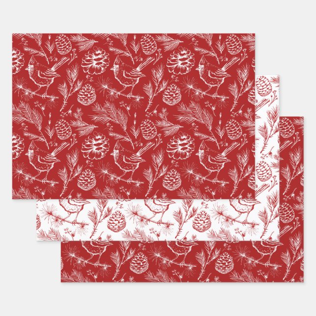 Red and White Cardinal, Pinecones & Winter Berries Wrapping Paper Sheets (Set)