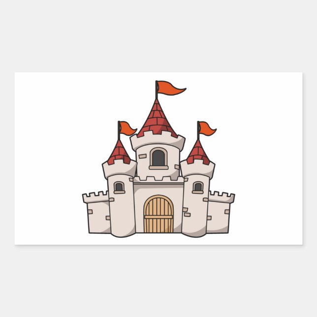 Red and White Cartoon Medieval Castle with Flags Rectangular Sticker (Front)