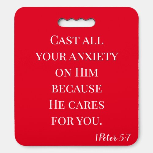 Red and White Cast Your Anxiety Scripture Seat Cushion