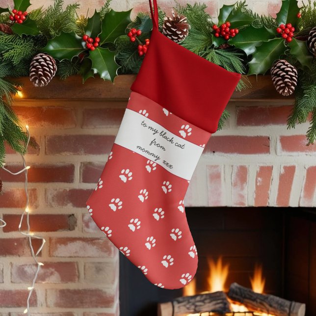Red and White Cat Paw Pattern Christmas Stocking (A cute christmas stocking just for your black cat)