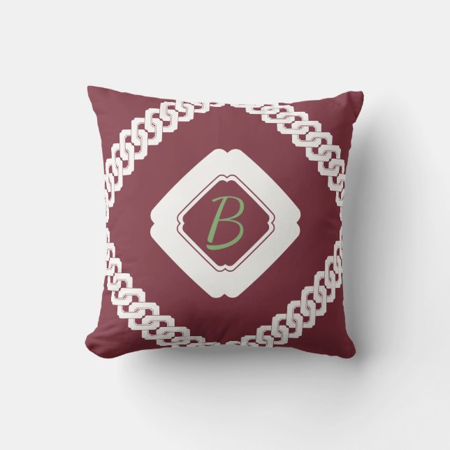 Red and White Chain Reversible Monogram Throw Pillow (Front)