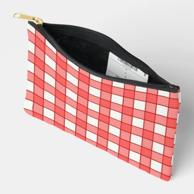 Red and white check blocks pattern accessory pouch (Open)