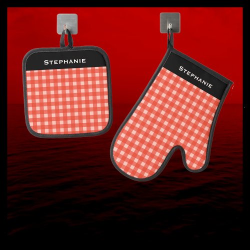 Red and White Check Checkered Personalized Name Oven Mitt  Pot Holder Set