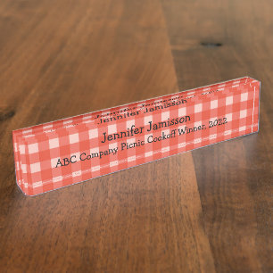Red and White Checked Acrylic Desk Name Plate