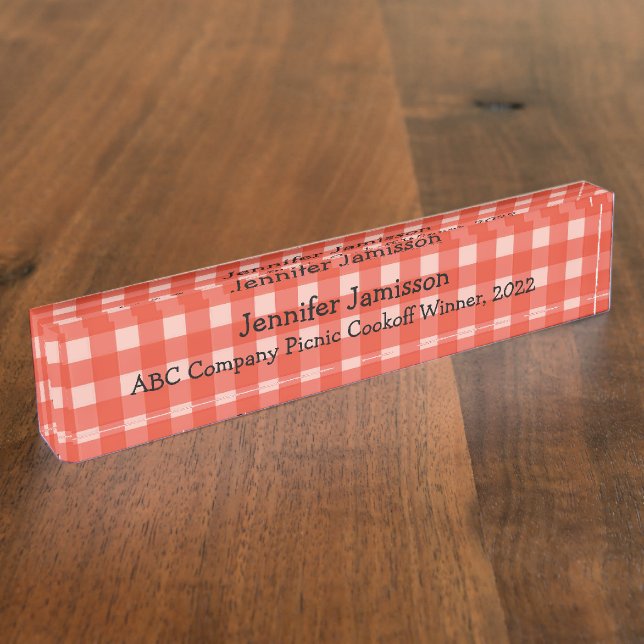 Red and White Checked Acrylic Desk Name Plate (Side)