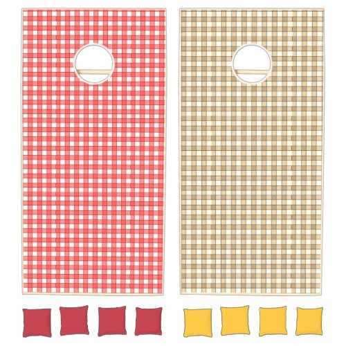 Red and white checker pattern cornhole set