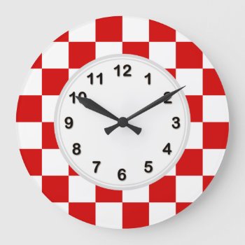 Red And White Checker Pattern Large Clock by FantabulousPatterns at Zazzle