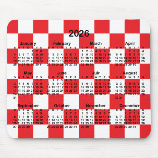 Red and White Checkerboard 2026 Calendar Mouse Pad