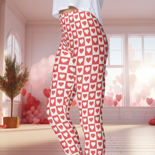 Red And White Checkerboard Heart Valentine'S Day Leggings