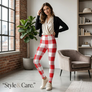 Red and White Checkered Leggings for Women
