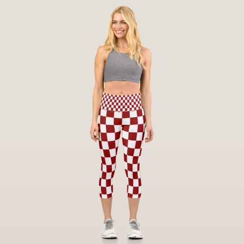 Red and White Checkered Pattern Capri Leggings