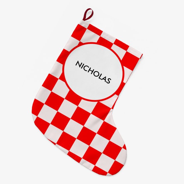 Red and White Checkered Pattern Personalized Large Christmas Stocking (Front (Hanging))
