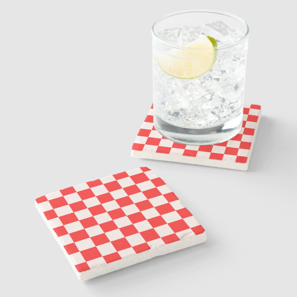 Disover Red and White Checkered Pattern  Stone Coaster