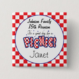 Red and White Checkered   Picnic Reunions Pinback Button