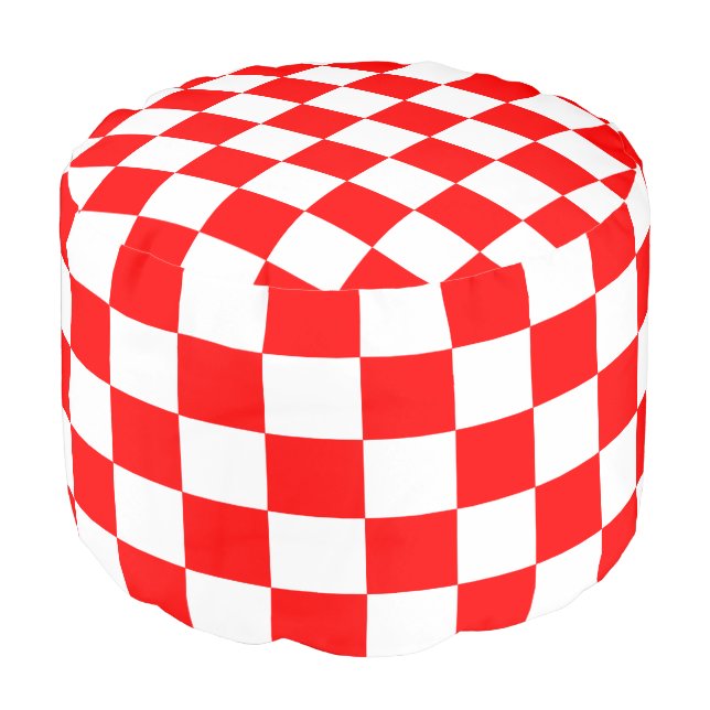 Red and White Checkered Round Pouf (Angled Front)