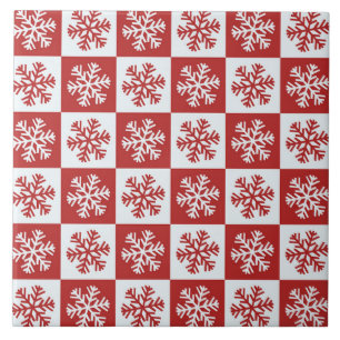 Red and White Checkered Snowflakes Ceramic Tile
